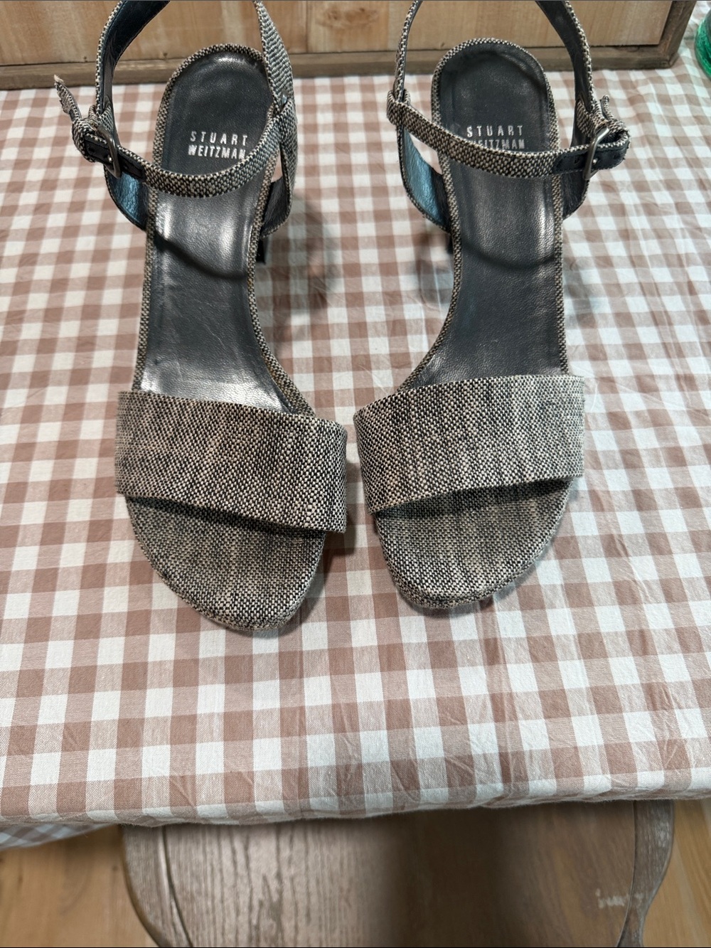 Stuart Weitzman Black and Silver Tweed Slingback Heels